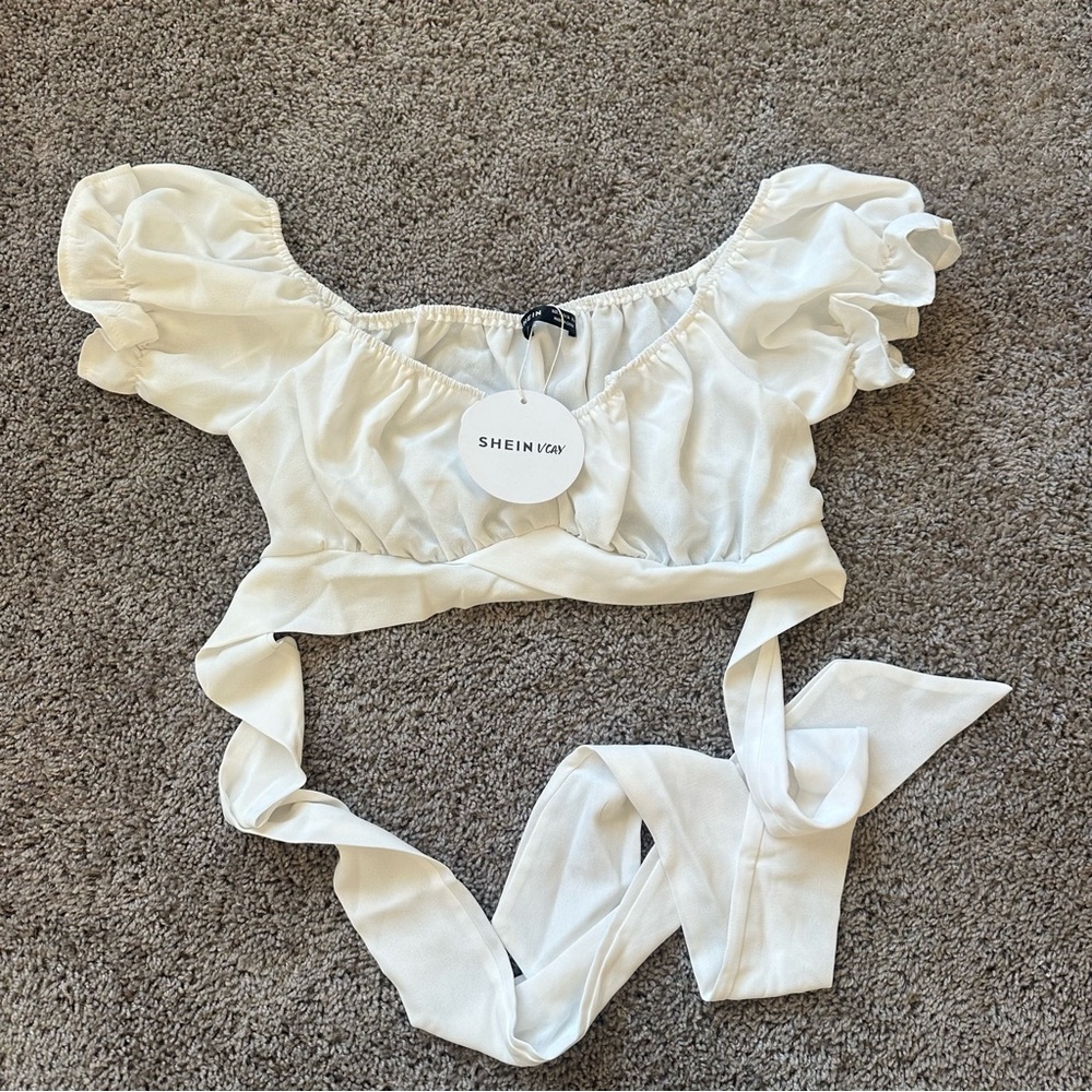SHEIN Elegant White Tie-Back Crop Top
